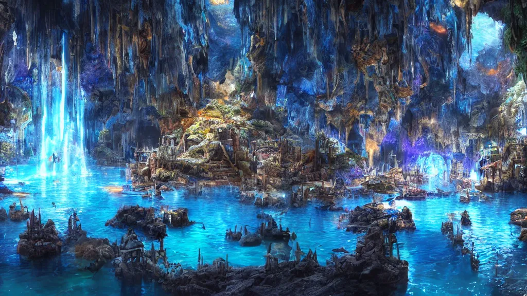 Image similar to underground city, blue lake, fantasy artwork, very very very beautiful scenery, hd, hdr, ue5, ue6, unreal engine 5, cinematic 4k wallpaper, 8k, ultra detailed, high resolution, artstation, award winning