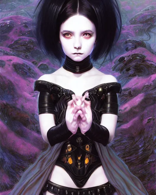 Image similar to portrait of beautiful cute young goth maiden girl with short white hairs in warhammer armor, art by ( ( ( kuvshinov ilya ) ) ) and wayne barlowe and gustav klimt and artgerm and wlop