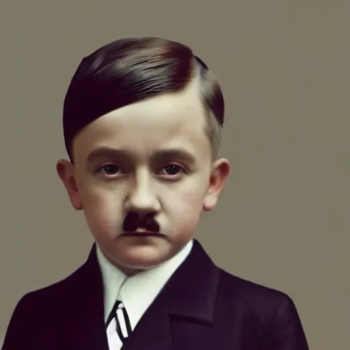 Image similar to adolf hitler as a little child in a school uniform carrying books, hitler mustache, white background, full color digital art, cartoon