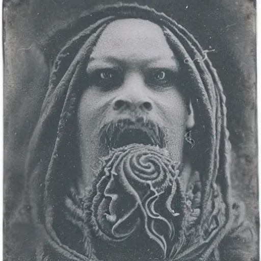 Prompt: tintype photo close up of a Cthulhu