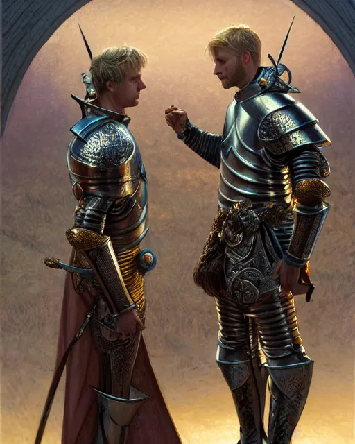 Image similar to attractive arthur pendragon confesses his love for his attractive male knight, highly detailed, very intricate, cinematic lighting, by donato giancola and rossdraws and magali villenueve, featured on artstation