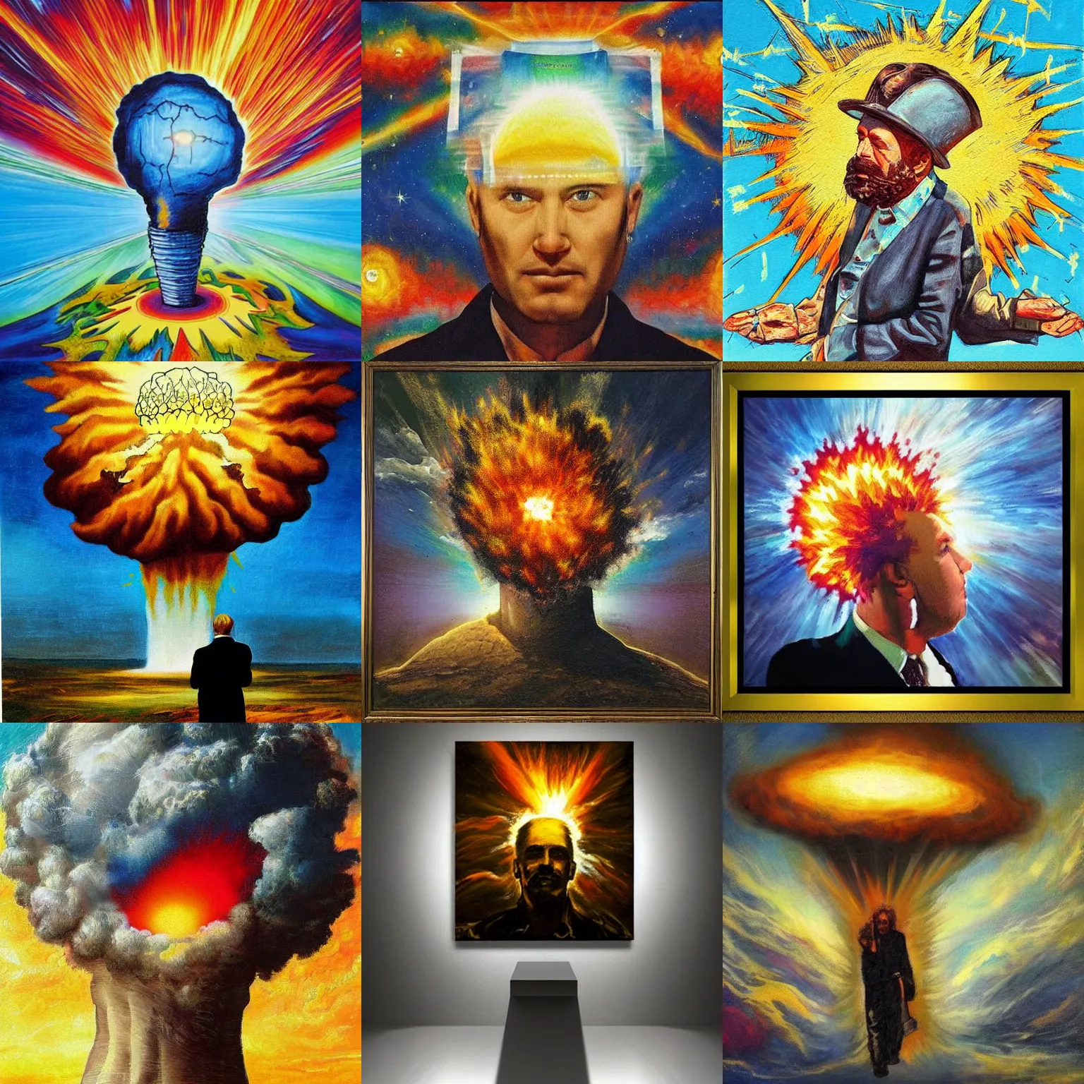 Prompt: < artwork quality = masterpiece artists = many > a man has an idea so large there is a nuclear explosion going off above his head < / artwork >