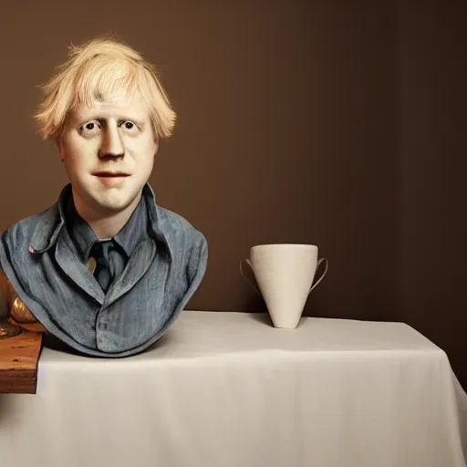 Prompt: beautiful studio photograph of a ceramics display with a portrait of boris johnson painted by hans holbein painted onto a tall angular stoneware vase with handles placed on a tablecloth on a wooden table, hyperrealism 8 k trending on artstation