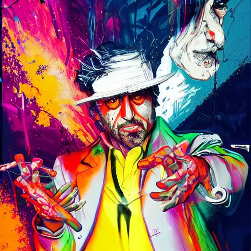 Image similar to al pacino as scarface painted by alex pardee and nekro and petros afshar, unstirred paint, vivid color, cgsociety 4 k