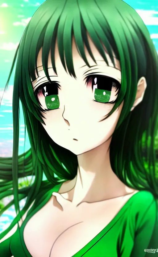 Prompt: anime girl with a detailed face and black hair in a green outfit, full body, trending, low angle, worms eye view, illustration,