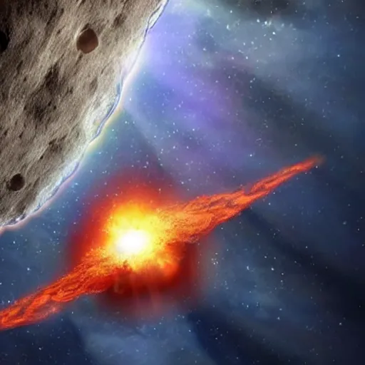 Prompt: fiery asteroid flying through space moving towards earth