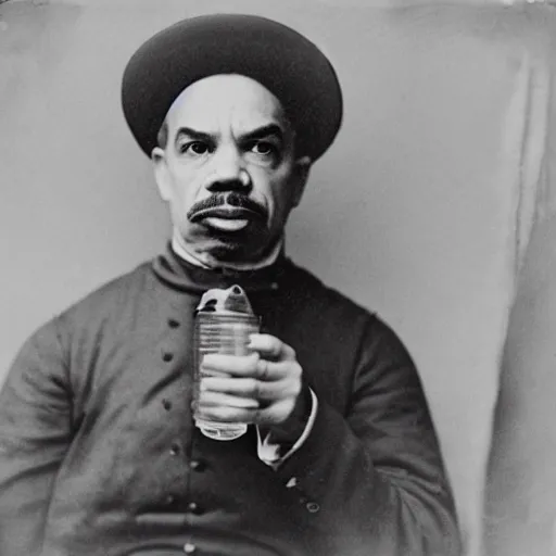 Image similar to tintype photo of ice - t, drinking iced tea with a straw, by julia margaret cameron 1 8 8 0 s, realistic, body shot, sharp focus, 8 k high definition, insanely detailed, intricate, elegant