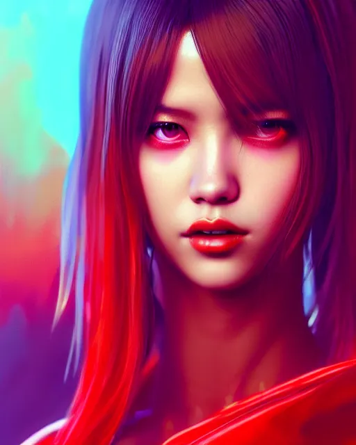 Prompt: beautiful digital painting of lalisa in colorful flowing red silk with high detail, ( cyberpunk 2 0 7 7, mass effect, bladerunner 2 0 4 9 ), environment, 8 k, key art, stunning detail, photo by artgerm, greg rutkowski and alphonse mucha, unreal engine 5, 4 k uhd