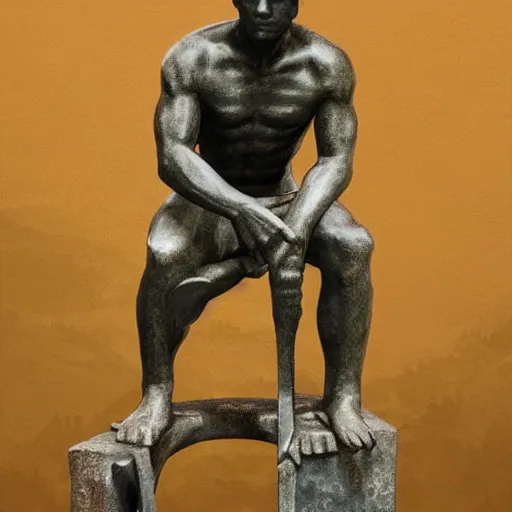 Prompt: thinker statue sitting on chair of game of thrones 4k painting