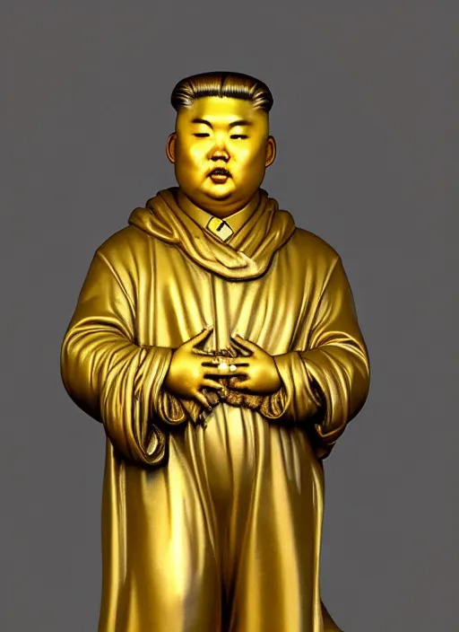 Image similar to medieval statue of kim jong un, elegant, filigree renaissance sculpture from jade, gold and brilliants, brilliant symmetry, created by verrocchio andrea, leonardo da vinci, sandro botticelli, raffaelle monti, epic 7 0 mm lens shot, artstation trending, photorealism, sharp focus, smooth, establishing shot, sense of awe