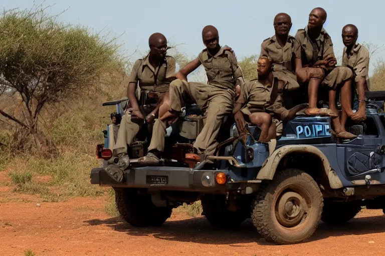 Prompt: cinematography police sitting on jeep in Africa by Emmanuel Lubezki