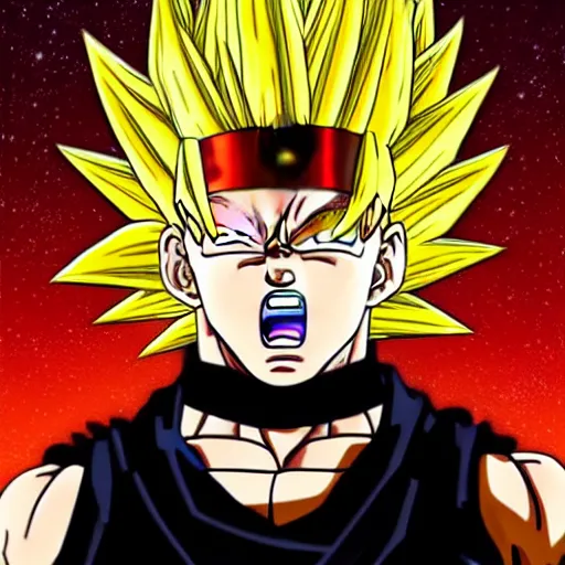 Image similar to portrait of Bernie Sanders from dragon ball z with glowing golden aura, super saiyan 3, yellow spiky hair, high quality photo