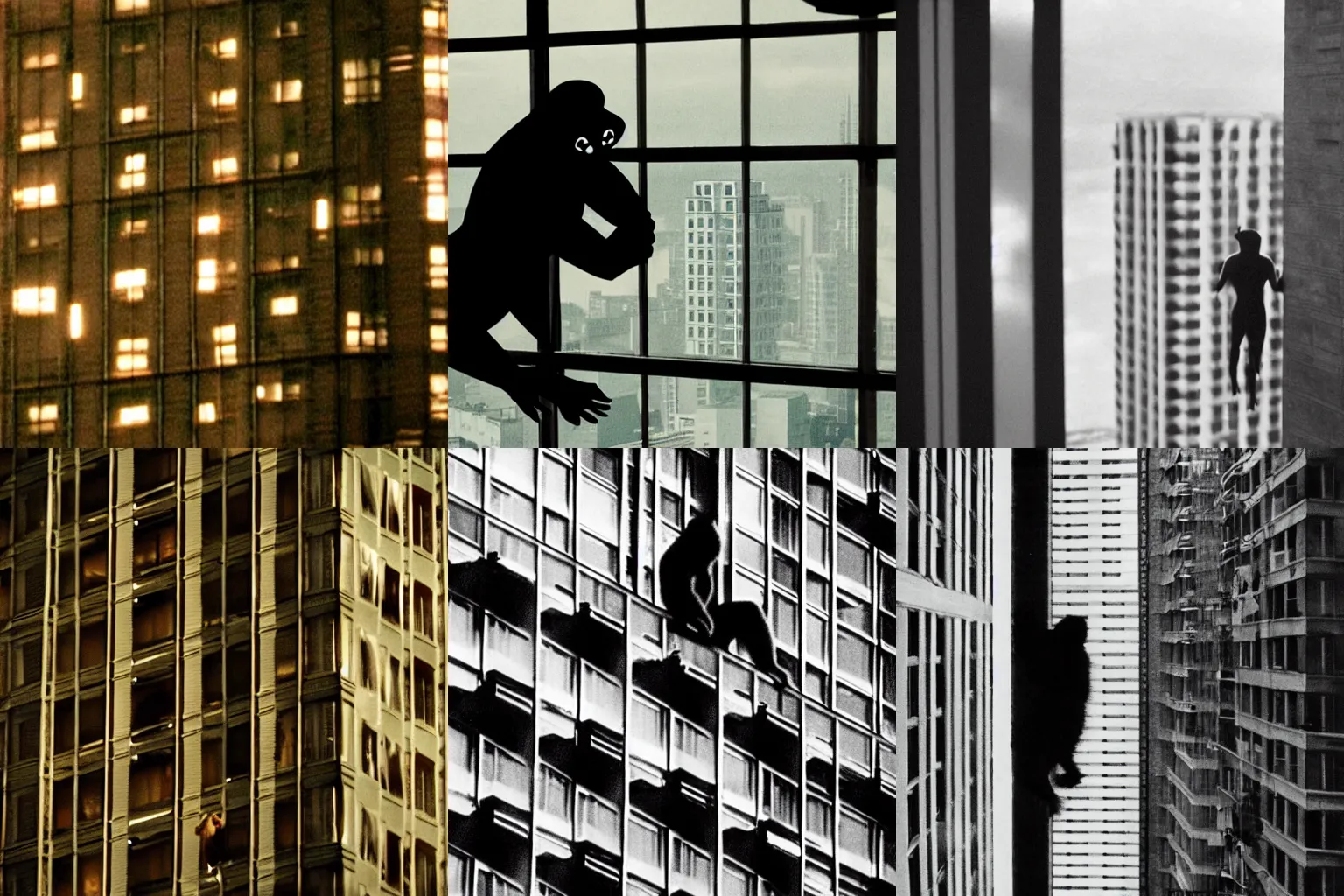 Prompt: king kong peering in a high rise fancy apartment window. beautiful lighting action movie still from inside the apartment