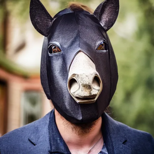 Image similar to man wearing horse head mask on shoulder of man