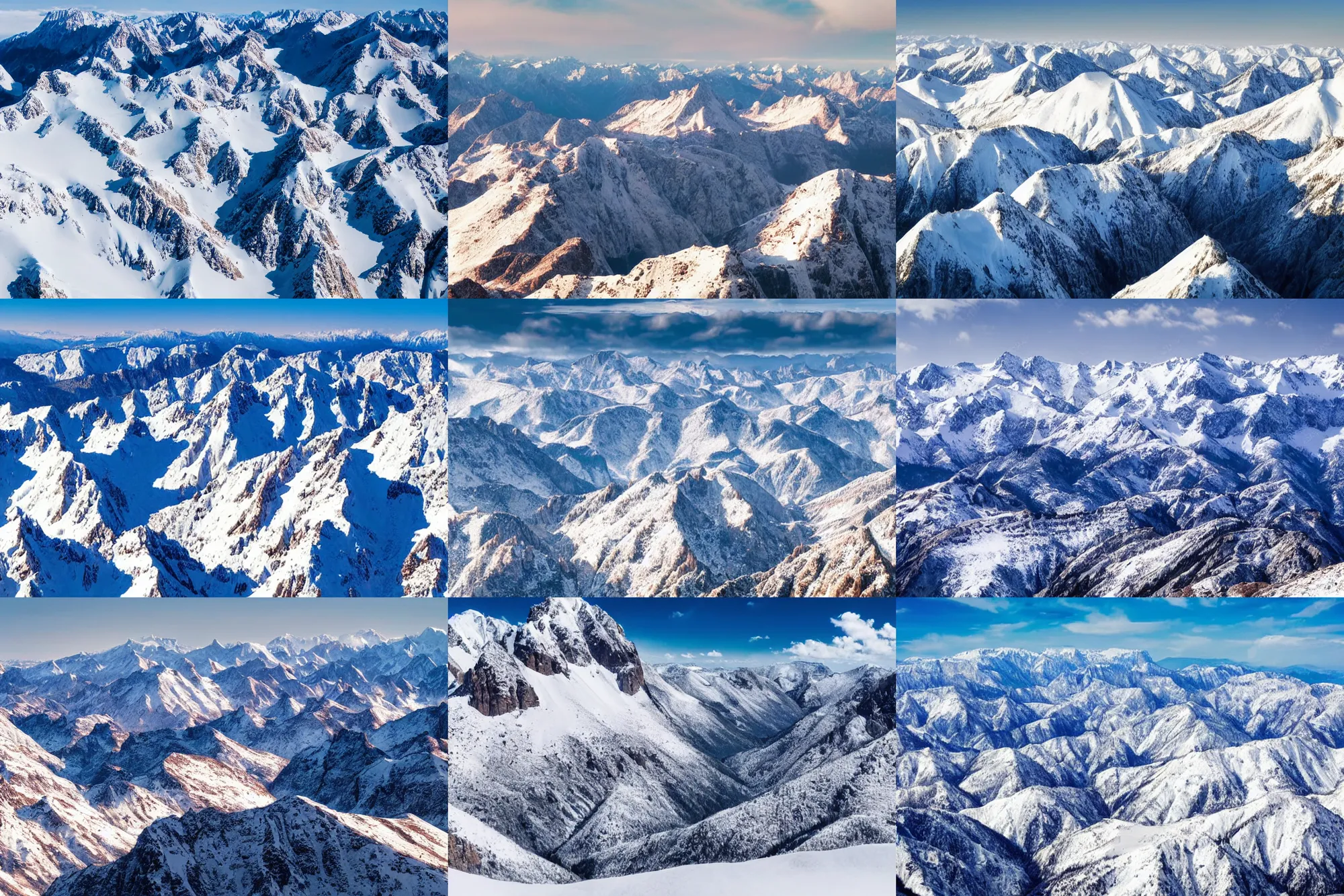 Prompt: long distance photo of snowy mountain range with deep valleys and canyons, awe inspiring