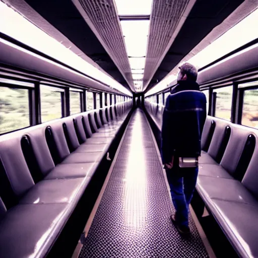 Prompt: the last man standing is riding an empty train to nowheresville, in a hurry