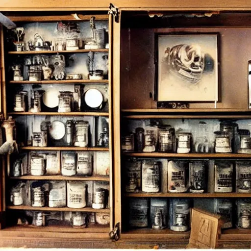 Image similar to apothecary cabinets of curiosities antiques, vintage photo, blade runner, scifi, cfg = 3