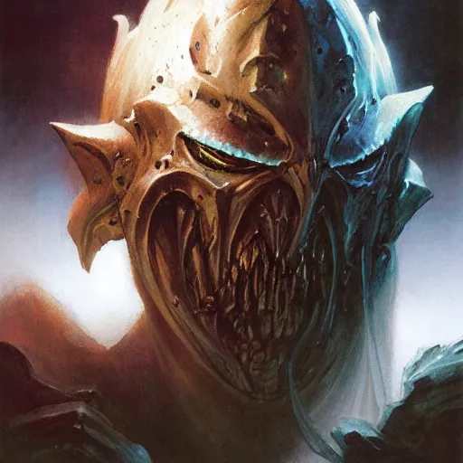 Prompt: head and shoulders portrait of a spectral wraith paladin, d & d, fantasy, greg rutkowski, frank frazetta, alexandre chaudret, boris vallejo, michael whelan, miro petrov, hr giger, magali villeneuve, donato giancola