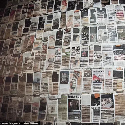 Prompt: a wall covered in newspaper headlines, red arrows pointing between them, made by a schizophrenic journalist, polaroid photograph