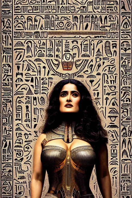 Prompt: Portrait of Salma Hayek as a tomb robot, intricate art deco leaf designs, elegant, highly detailed Egyptian patterns, hieroglyph, sharp focus, art by Artgerm and beeple