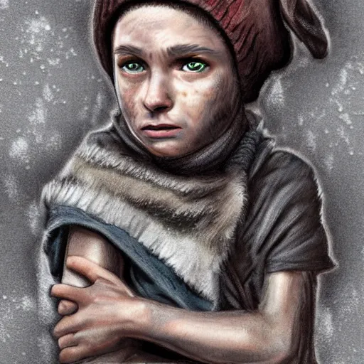 Prompt: detailed half body digital art for a game of a child wearing ragged, heavy and ruined clothes with a winter hat. moody and melanchony. the background is dark.