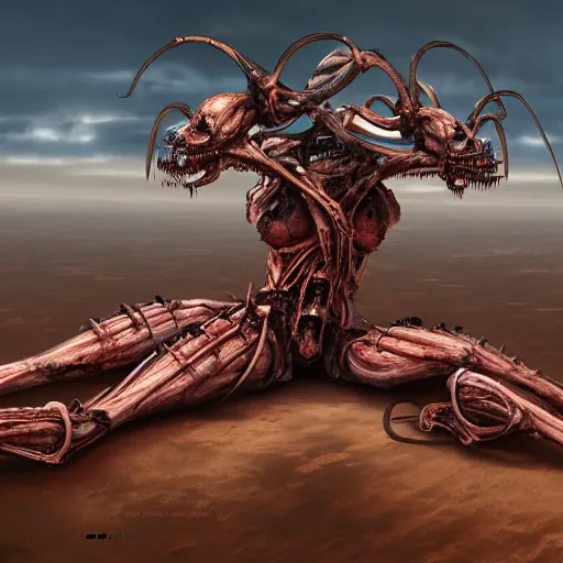 Image similar to conjoined demon twins sitting legs crossed in a desert hellscape covered in gore by Yoshitaka Amano, by HR Giger, biomechanical, 4k, hyper detailed, hyperrealism, anime, a Broken World demons flying overhead, red sky, blood and body parts, deviantart, artstation