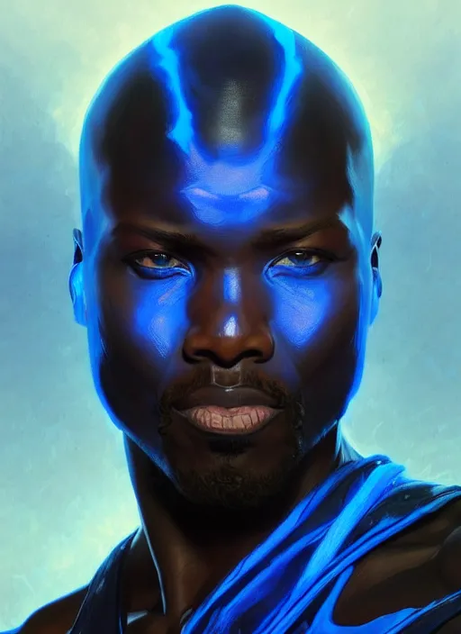Prompt: portrait of an African man, glowing blue eyes!! muscular, black leather robes! intricate, elegant, highly detailed, digital painting, artstation, concept art, smooth, sharp focus, illustration, art by artgerm and greg rutkowski and alphonse mucha