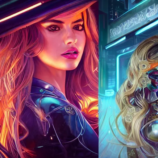 Image similar to sofia vergara and ana de armas double portrait futuristic cyberpunk cowgirls, neon light rooftop, fantasy, intricate and very beautiful and elegant, highly detailed, digital painting, artstation, concept art, smooth and sharp focus, tight fit, leather, illustration, art by tan zi and ayanamikodon and alphonse mucha and wlop