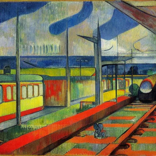 Prompt: modern train station by paul gauguin