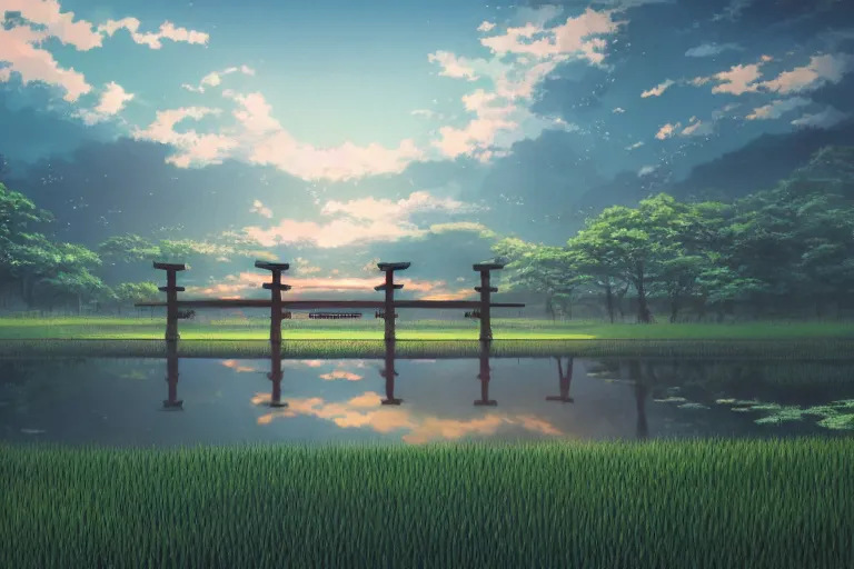 Prompt: hypnagogic reflections in the ricefields by makoto shinkai, centered torii gate, japanese countryside, anime wallpaper, 4k, trending arstationhq, daily deviation Simon stalenhag and snatti89