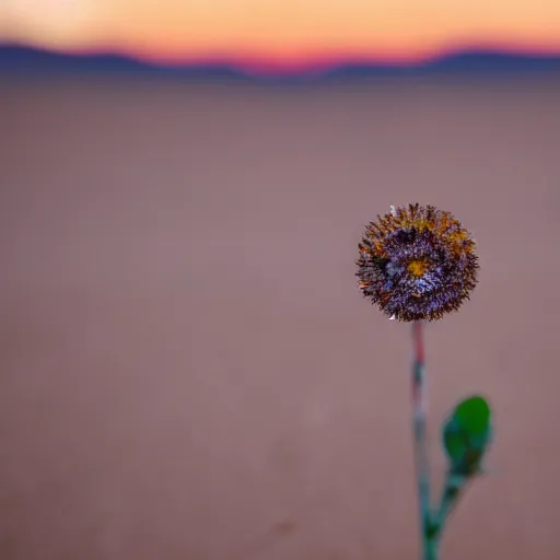 Image similar to a single small pretty desert flower blooms in the middle of a bleak arid empty desert, near the flower a large topaz crystal is partly revealed, background sand dunes, clear sky, low angle, dramatic, cinematic, tranquil, alive, life.