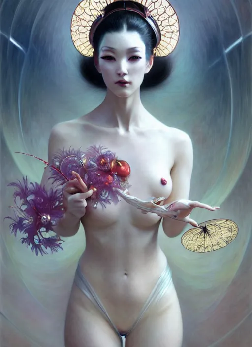 Image similar to organic Geisha cyborg, translucent pearlescent skin, diffuse lighting, fantasy, intricate, elegant, highly detailed, lifelike, photorealistic, digital painting, artstation, illustration, concept art, smooth, sharp focus, art by John Collier and Albert Aublet and Krenz Cushart and Artem Demura and Alphonse Mucha