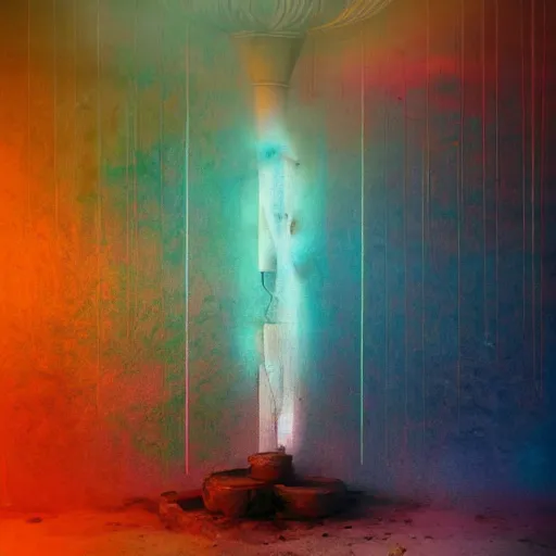 Image similar to resonant frequency by cy Twombly and BASTIEN LECOUFFE DEHARME, colorful, iridescent, volumetric lighting, abstract