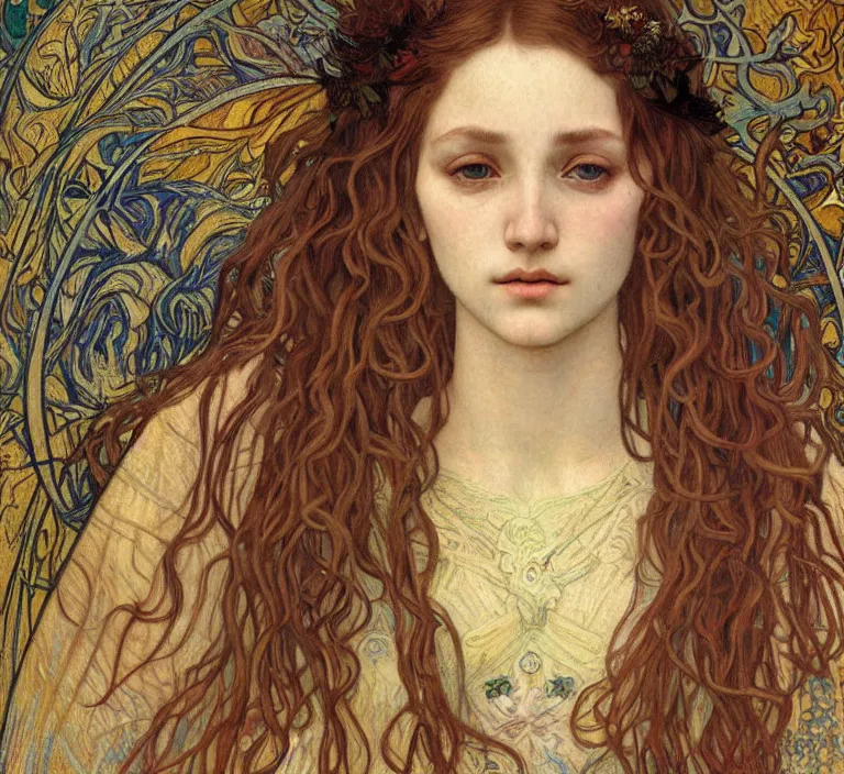 Image similar to detailed realistic beautiful young medieval queen face portrait by jean delville, alphonse mucha, vincent van gogh, and marco mazzoni, art nouveau, symbolist, visionary, gothic, pre - raphaelite