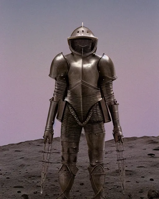 Image similar to crusader knight in armor standing on the moon, retrofuturism sci - fi old movie, highly detailed, photorealistic, 8 k, by beksinski and stalenhag