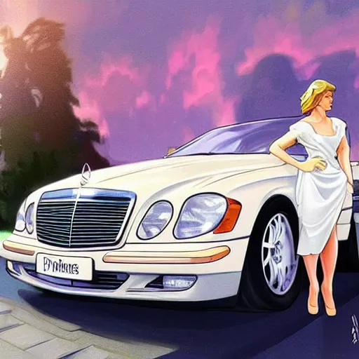 Image similar to Princess Diana standing next to a Mercedes-Benz W140, highly detailed, digital painting, artstation, concept art, smooth, sharp focus, illustration, art by artgerm and alphonse mucha, high definition digital art, in the style of Ross tran and ilya kuvshinov