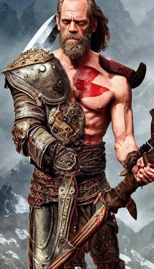 Image similar to hugh laurie as god of war, masculine, sweaty, intricate, warrior clothing and holding his great sword, hero, intricate, symmetrical features, highly - detailed,