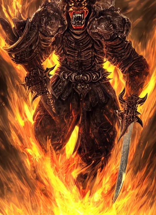 Prompt: fullbody, dark, evil villan character, very hostile very angry realistic detailed semirealism tiger man wearing samurai armor. fire Tiger_character, tiger_beast, 獣, FFXIV, iconic character splash art, angry character wielding a sword, blade, katana, blurred background, muscular scary brute, MMOrpg, dramatic cinematic Detailed fur, tank type character, detailed metal textures, 4K high resolution quality artstyle professional artists WLOP, Aztodio, Taejune Kim, Guweiz, Pixiv, Instagram, Artstation