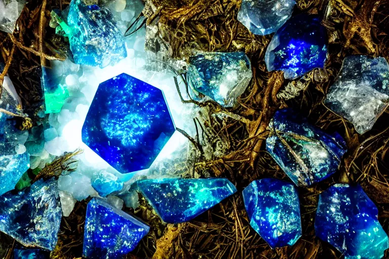 Prompt: huge glowing lazuli mystical crystal inside a dark foggy forest, surrounded by a few other glowing crystals, deep forest on background, 50mm