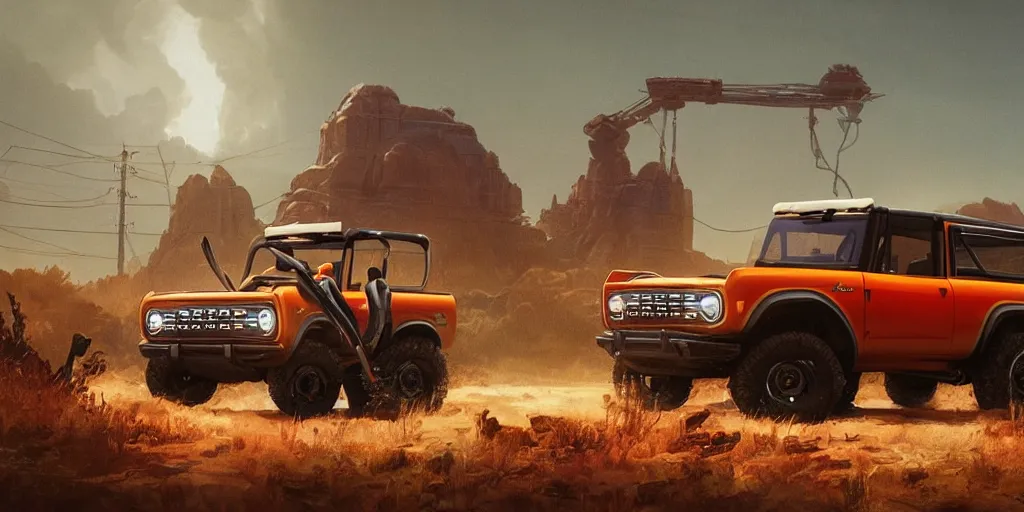 Image similar to 2022 ford bronco, an epic fantasy, dramatic lighting, cinematic, establishing shot, extremely high detail, photorealistic, cinematic lighting, artstation, by simon stalenhag, horizon forbidden west