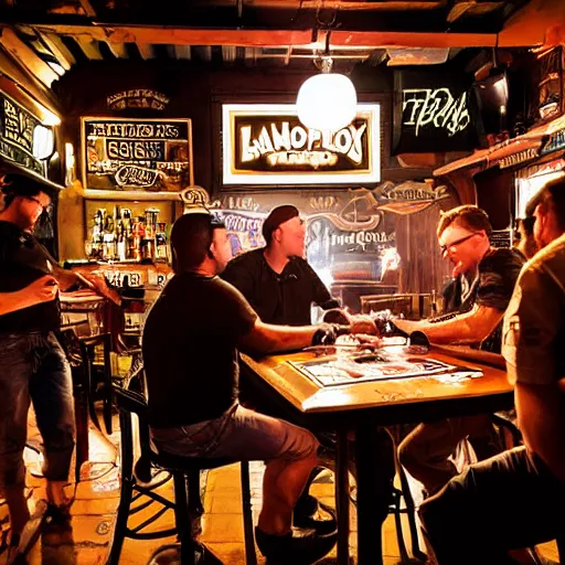 Image similar to bikers in a bar playing monopoly under the dim light of a ceiling lamp, cigarette smoke, biker bar, painting, sharp, dimly lit, 9 0 s bar