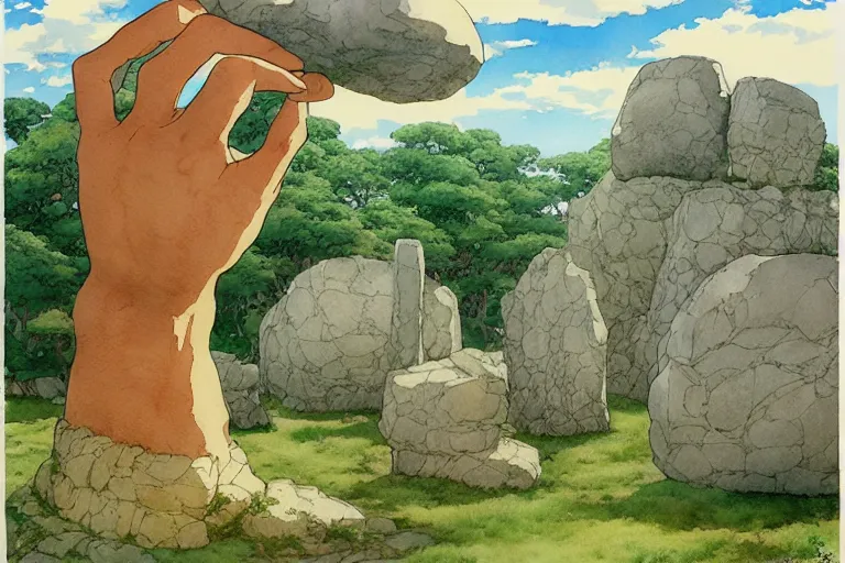 Image similar to hyperrealist studio ghibli watercolor fantasy concept art of a giant hand holding a stone extending from the sky to the ground above stonehenge. by rebecca guay, michael kaluta, charles vess