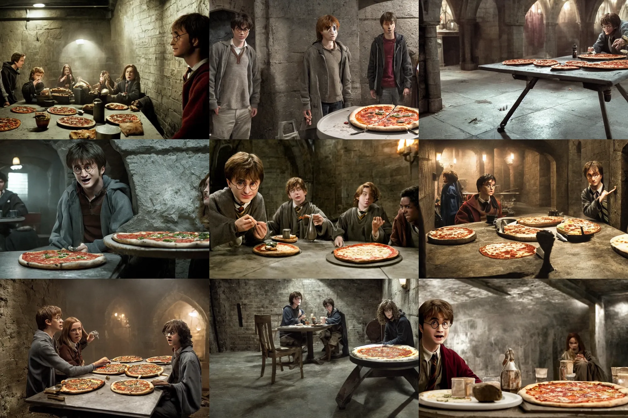 Prompt: Harry potter film, a scene where Harry is eating in a Concrete wall basement, Pizza is placed on a small aluminum table placed in the center, Dark cinematic color tones.