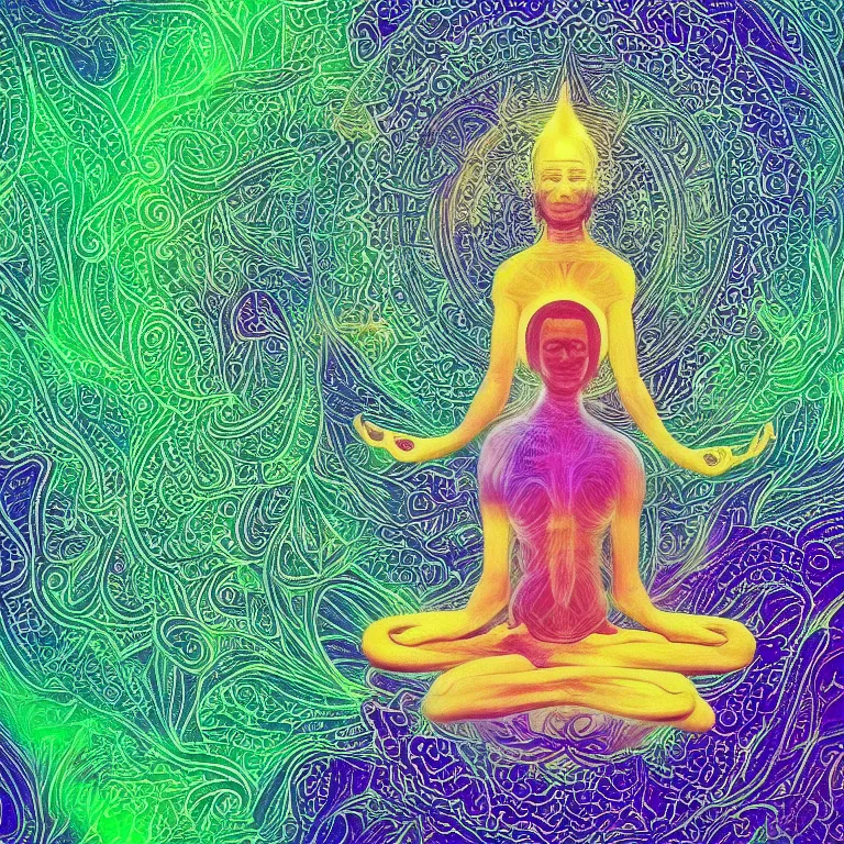 Prompt: human meditating supreme peace immense knowledge infinite color dmt art white green gold ethereal chill