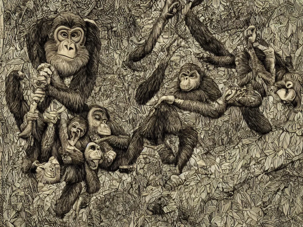 Image similar to bored ape club monkeies by Chor Boogie, intricate details, ultra detailed, 4K, award-winning, touch of M. C. Escher and Salvador Dali