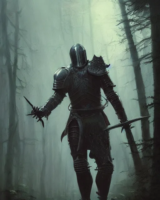 Image similar to Hyper realistic painting of a knight in rusty full plate armor wielding a greatsword, hyper detailed, surrounded by a dark forest, fog, moody, cinematic lighting, dim blue lighting, by greg rutkowski, trending on artstation