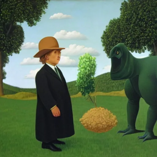 Image similar to a Magritte painting of a boy and his dinosaur