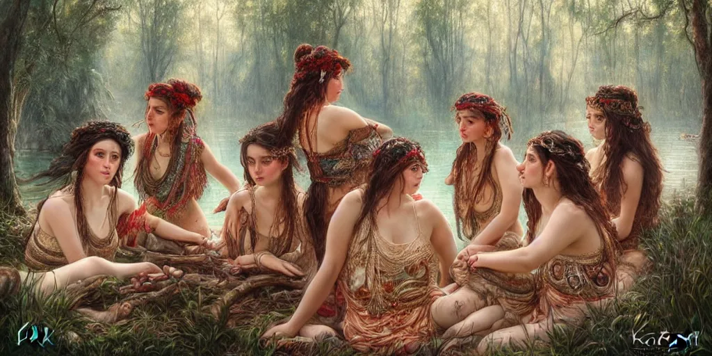 Prompt: a portrait of a group of female gypsies bathing in a forest lake by karol bak and jia ruan, beautiful detailed eyes, photorealistic, fantasy, intricate, elegant, highly detailed, digital painting, 4 k, hdr, concept art, detailed jewelry, smooth, sharp focus, illustration, art by artgerm