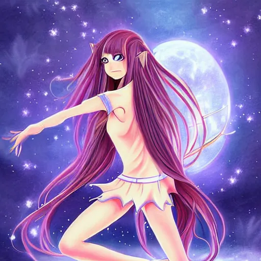 Image similar to digital painting of a long hair anime lady ELF dancing in the moonlight l by Sakimichan