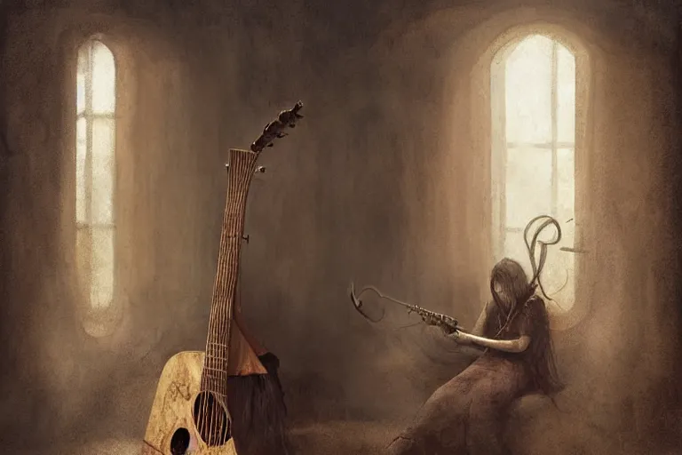 Prompt: still life. an empty brutalist chamber, lonely, somber, a cursed demonic istrument lute, oud, guitar designed by brian froud leans against the wall alone, abandoned. a thin wisp of smoke rises from the lute. late afternoon lighting cinematic fantasy painting by jessica rossier